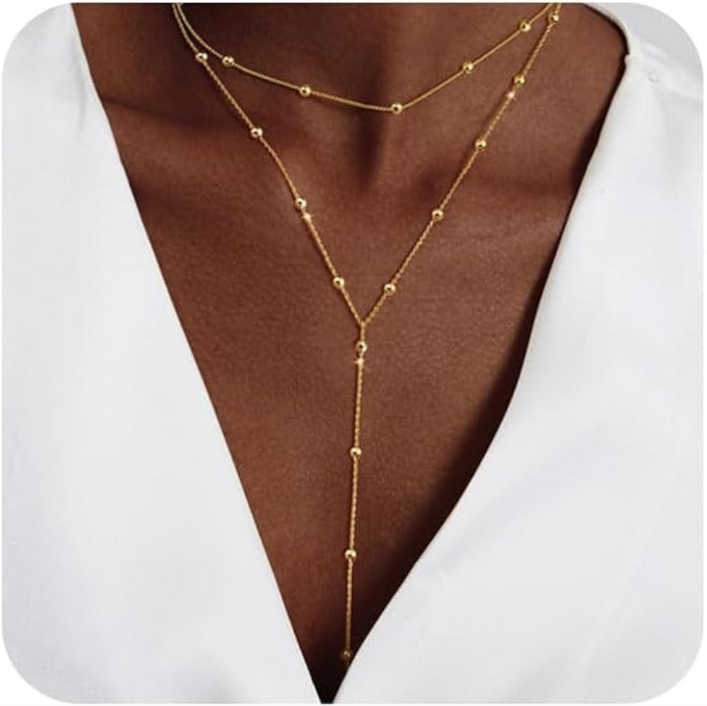 Elegant Dainty 14K Gold Plated Lariat Y Beaded Drop Necklace